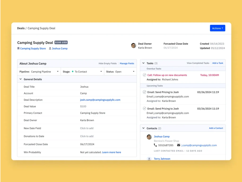 CRM deals ActiveCampaign