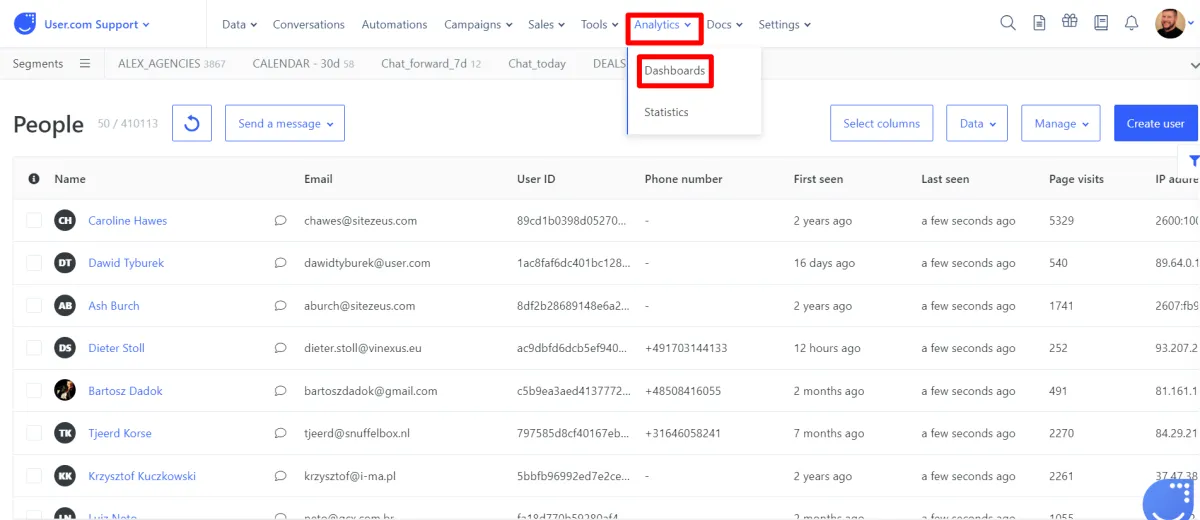 user com support crm